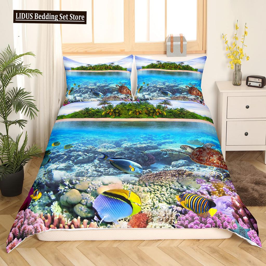 Fisch Bettbezug Set Ozean Bettwäsche Sets 3D Gedruckte Unterwasserwelt Mit Hai Delfin Korallenriff Muster Bettdeckenbezug Set 2/3tlg