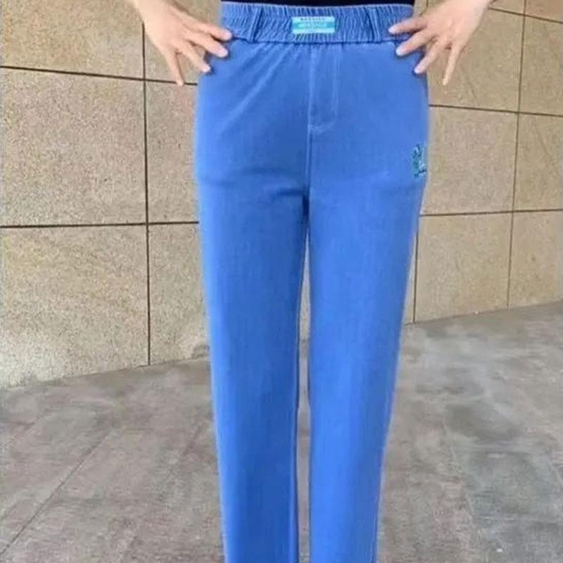 Spring Summer Denim Straight Pants Elastic Women's Pockets Spliced Embroidery High Waist Trousers