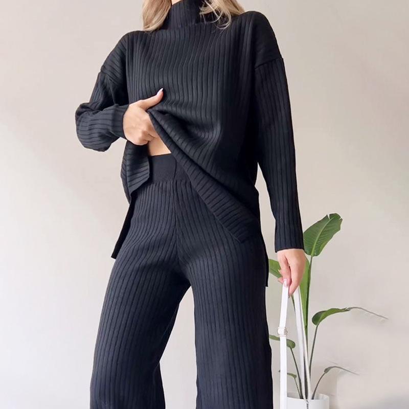 HNXC Two-piece Set of Women's Fashionable Casual Straight-leg Pants with A Loose and Elegant High-neck Tapered Knitted Suit