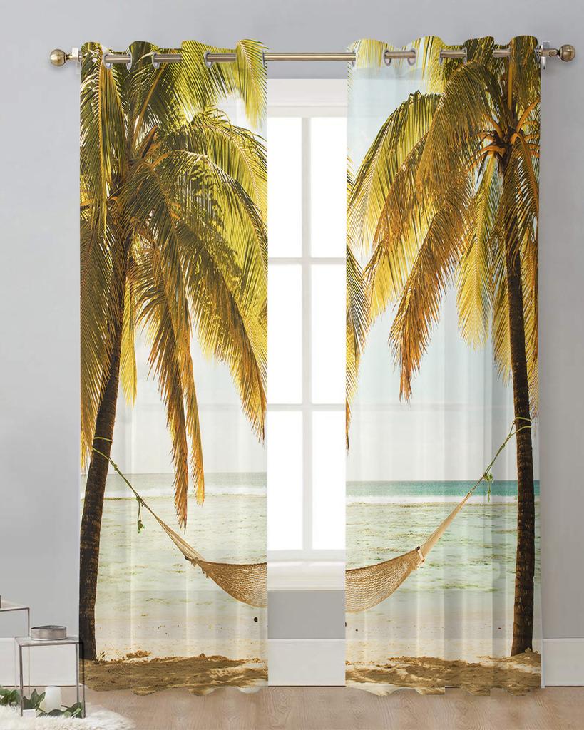 Sunset Beach Palm Tree Sheer Curtains for Living Room Decoration Window Curtains for Kitchen Tulle Voile Organza Curtains