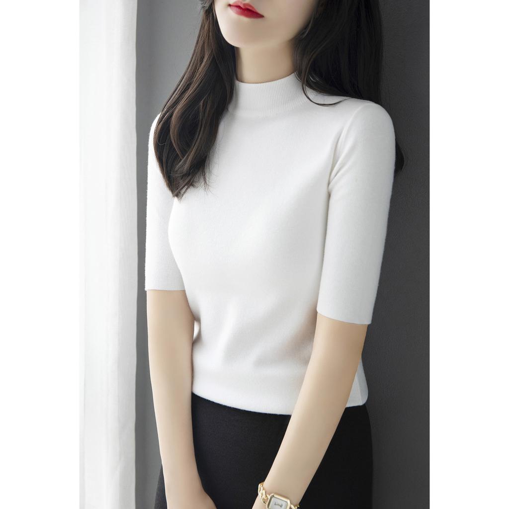 Women Korean Solid Color Mock Neck Knit Sweater Half‑Sleeve Slim Fit Pullover Base Layer Top Spring Autumn 2024