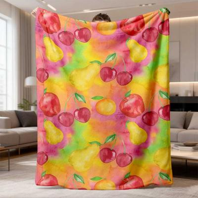 2026 Latest Flannel Blanket Vibrant Fruit Pattern Blanket Soft Flannel Throw with Cherry & Kiwi Design, Machine Washable, AllSeason Cozy for Sofa, Bed