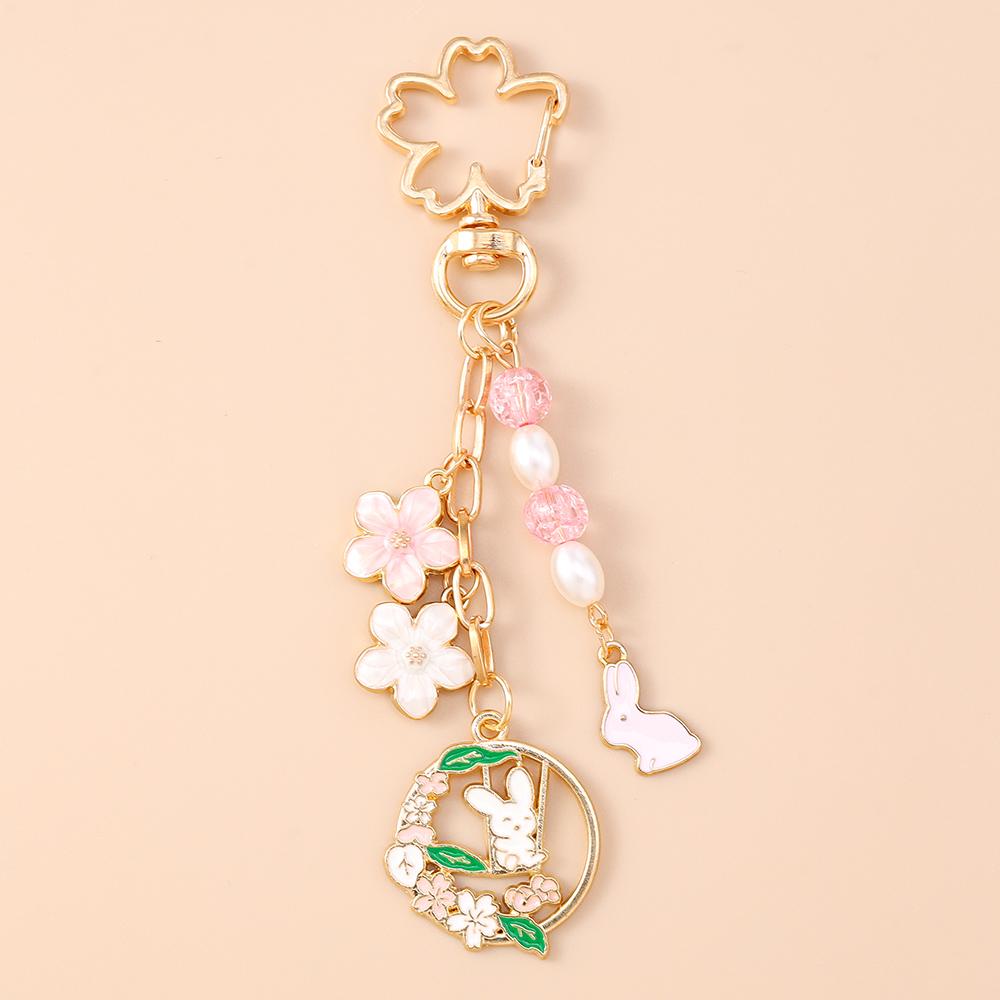 Cute Enamel Flower Butterfly Keychain Women Girls Beads Pearl Key Ring Pendants for Handbag Decor DIY Handmade Jewelry Gifts