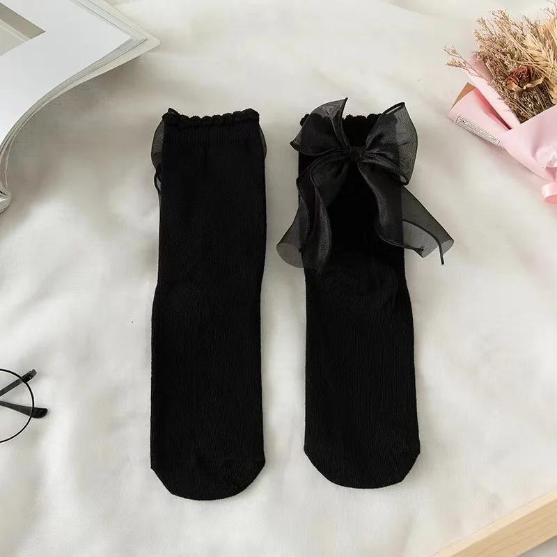 Girls Soft White Lace Lolita Socks Ribbon Bow Socks Women's Mid-Calf Cute Ruffle Frilly Ankle Socks Japanese Style Dress Hosiery