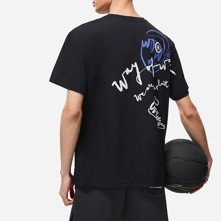 Lining X Salventius Collaboration Wade Series Letter Print Loose Short Sleeve T-Shirt Unisex Tops Black AHST339-1