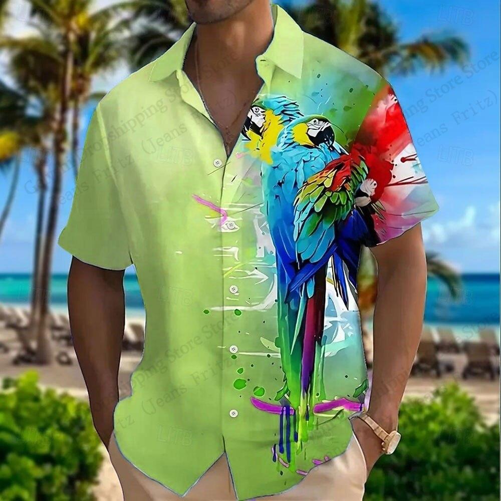 Art Parrot Painting 3d Print Shirts Men Women Fashion Summer Hawaiian Shirt Short Sleeve Beach Shirt Vocation Blouse Men Clothes
