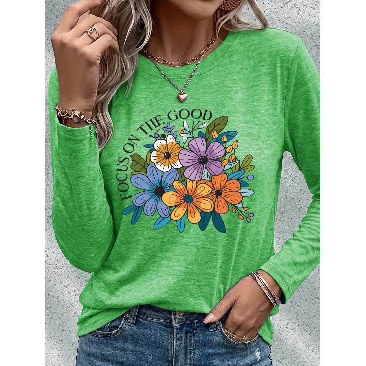 Women's Casual Sports Long Sleeve Floral Print Long Sleeve T T-shirt with Colorful Daisy and Wildflower Patterns and English Letters FOCUS ON THE