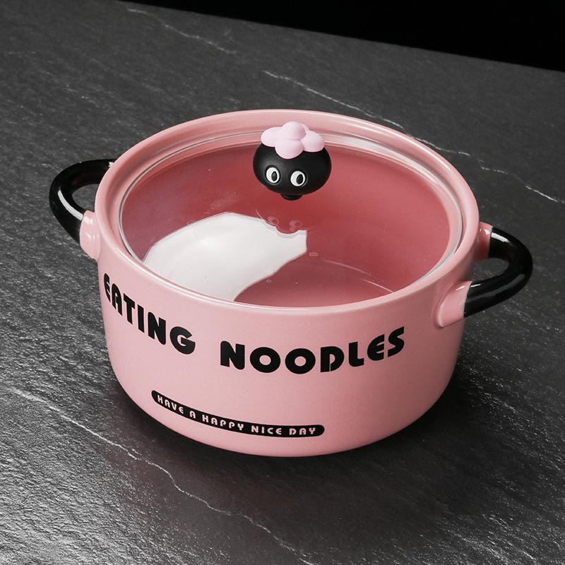 High-value Cute Instant Noodle Bowl with Lid 2024 New Household Binaural Ceramic Soup Bowl Student Dormitory Snail Powder Bowl