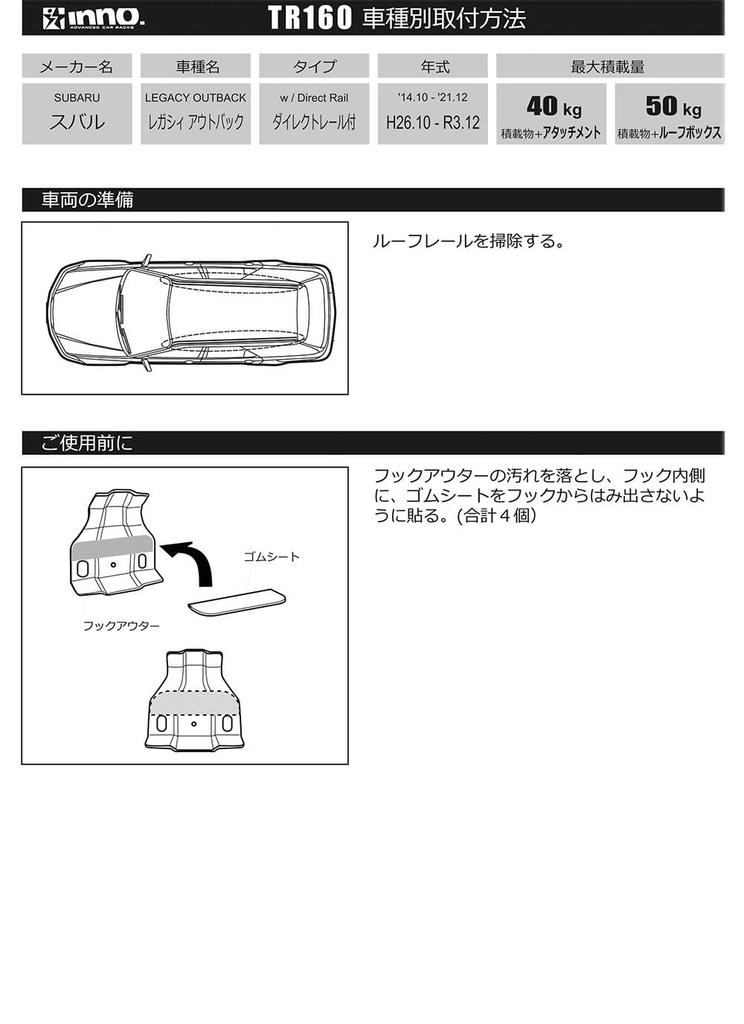 Carmate Inno Roof Carrier Basic Mounting Hooks for Subaru Legacy Outback and Other TR160 (2014-) Models,