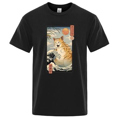 Wellen und Großkatze Ukiyo E Stil Lustige T-Shirts Herren Harajuku Lockere Hemden Hip Hop Oversize T-Shirts Baumwolle Kurzarm 80558