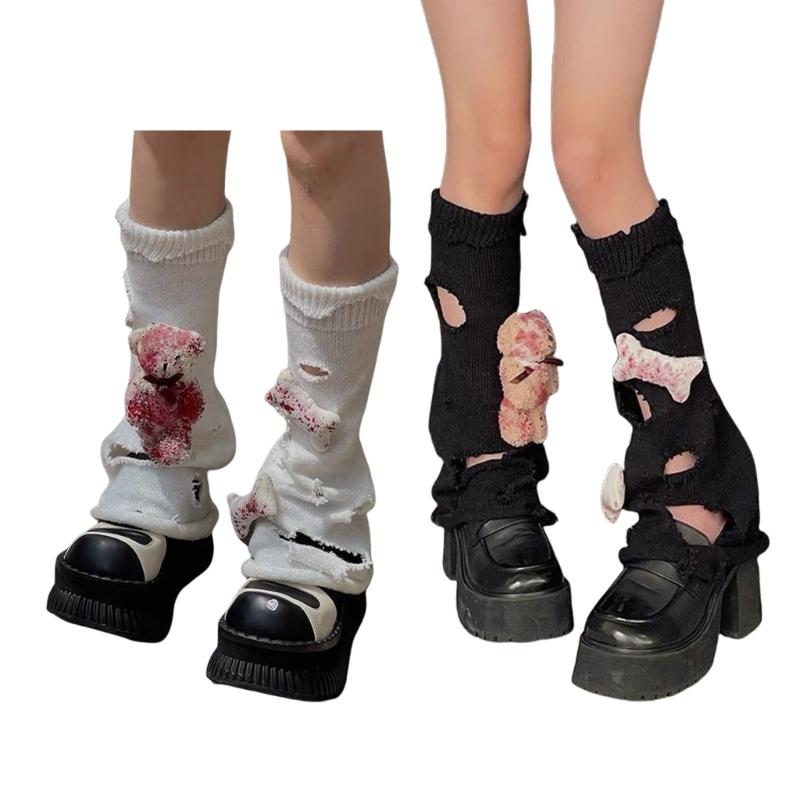 Aesthetic Vintage Ripped Hole Knitted Leg Warmer for Women Harajuku Streetwear Punk 3D Bloody Bear Leg Sleeve Cover