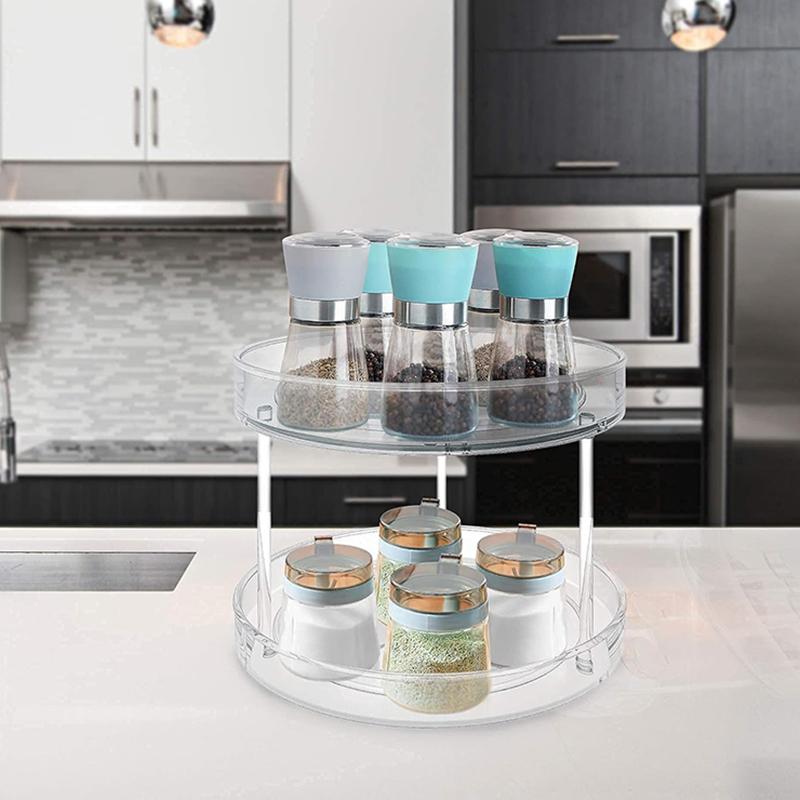360° Rotating Spice Organizer 2 Tier Transparent Lazy Susan for Kitchen Counter Makeup Shelf Space Saving Turntable