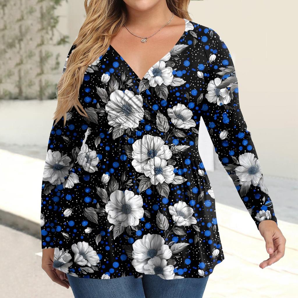 Dame Pluss Størrelse Skjorte Langermet Trykk Topp Plissert Casual V-hals Topp