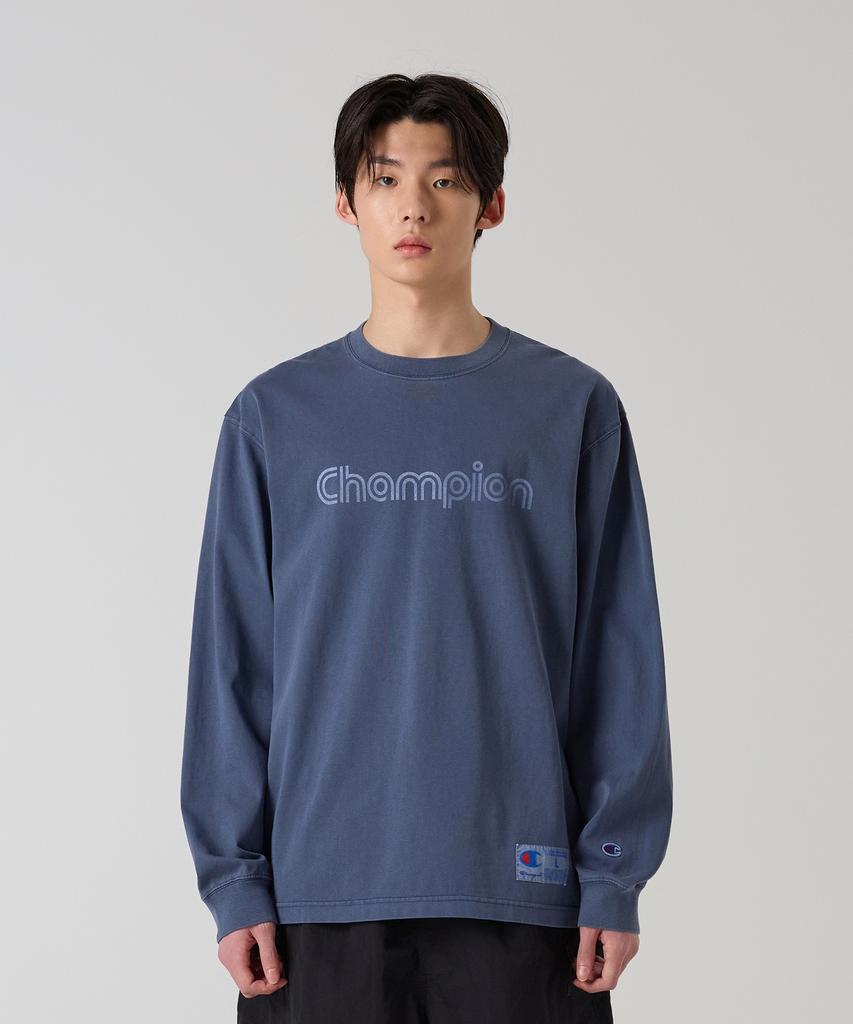 CHAMPION Track Logo Loose Fit Garment-Dyed Long Sleeve T-Shirt Blue