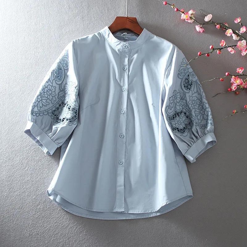 Summer Pure Cotton Stand-up Collar Hollow Out Embroidered Shirt Tops Women Temperament Loose Fitting Lantern Sleeve Blouse