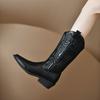 Neue schwarze klobige Absätze Mid-Calf Reitstiefel für Damen Winter Damenschuhe Damen Spitzstiefel Damen Cowboystiefel