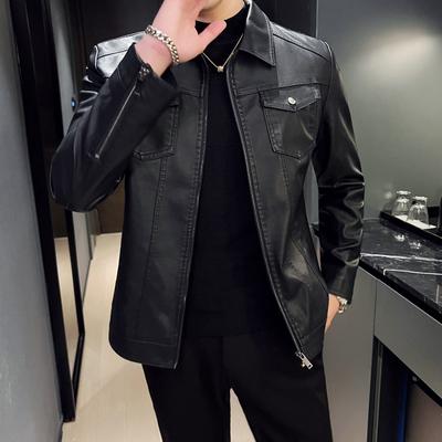 Leather Men's Autumn and Winter New Korean Version Slim Fitting Short Style Trendy Lapel Men's Leather Jacket Trendy Brand Motorcycle Jacket Men