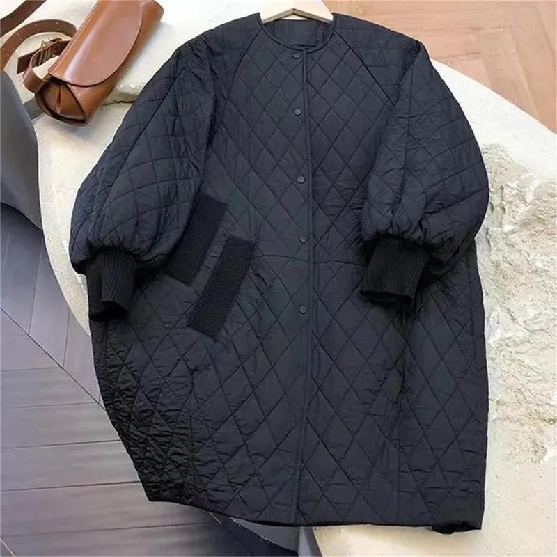 Autumn and Winter Diamond Plaid Down Cotton Jacket Women's Coat Long Lightweight Cotton Jacket Winter Parka Coat Female