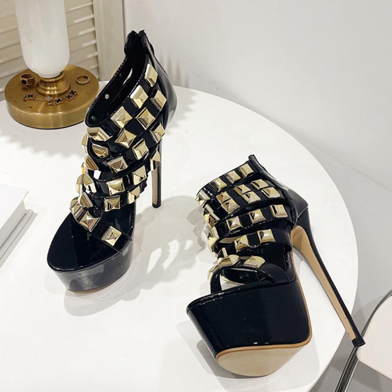 Liyke Sommer Offene Spitze Super Dünne High Heels Frauen Sexy Zip Sandale Mode Metall Nieten Damen Plateau Pumps Schuhe Schwarz