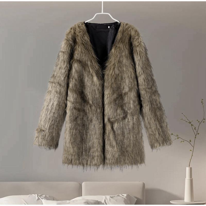 Autumn Winter V-neck Women's Faux Fur Jacket Warm Fashion Casual Short Top Oversize Coat Artificial Fur