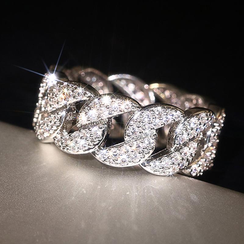 Huitan Chunk Chain Linked Design Women Finger Rings Full Dazzling Crystal Cubic Zirconia Modern Fashionable Jewelry
