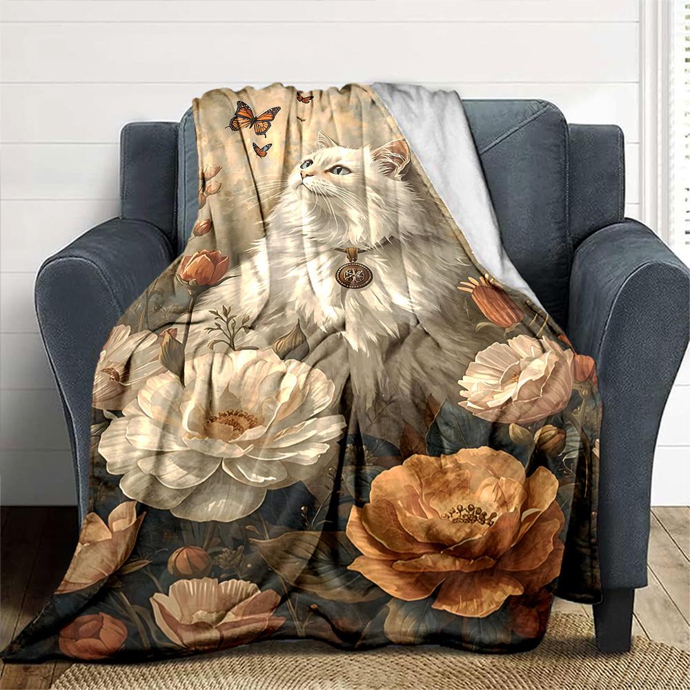 1pc cat, flowers blanket Lightweight Flannel Throw for Sofa Bed Travel Camping Livingroom Office Couch Chair