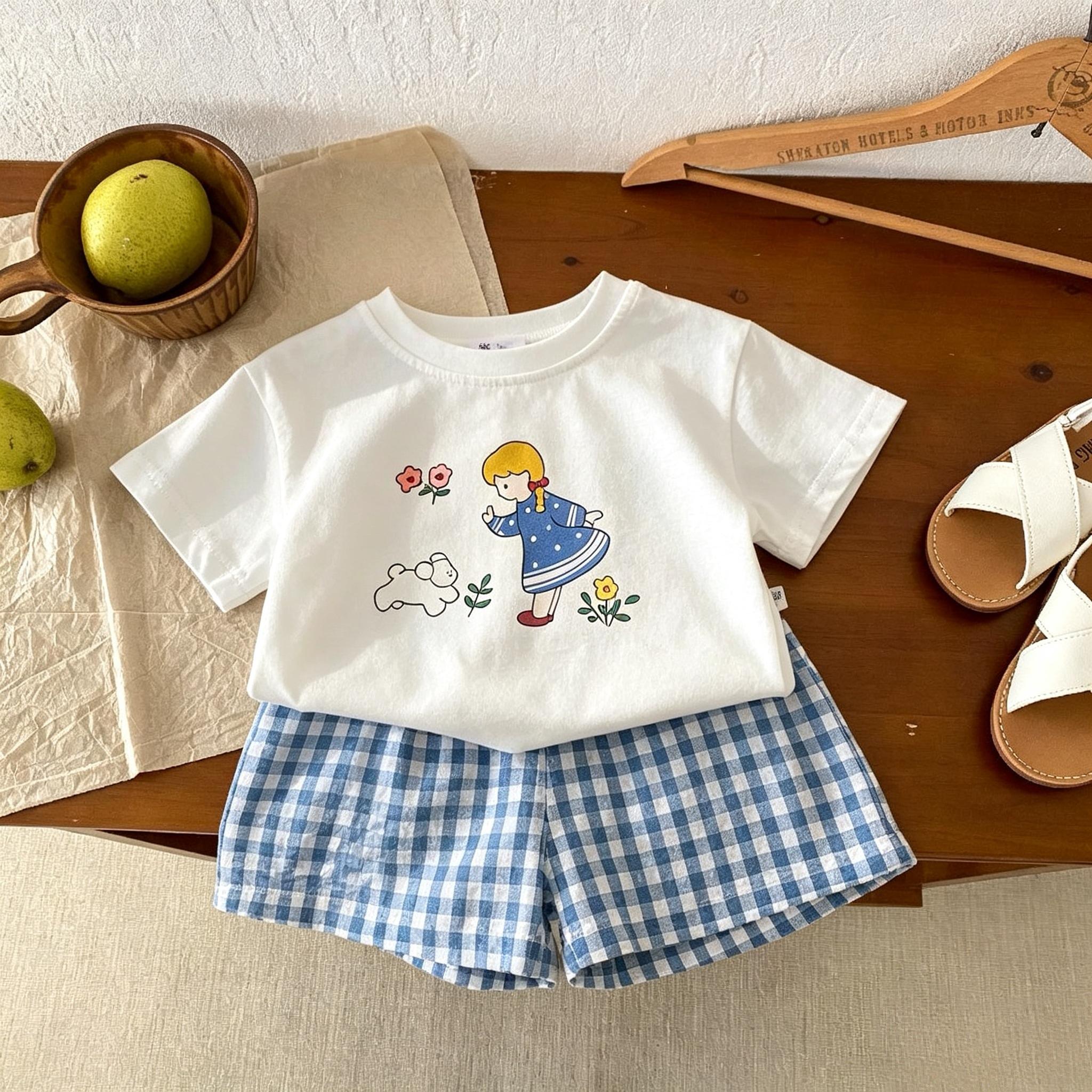 Children s Short-sleeve Set for Summer, Boys and Girls T-shirt with Plaid Shorts, Casual Two-piece Set 100