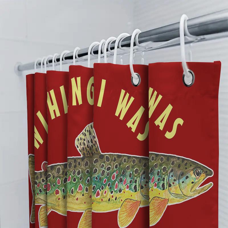 Red Shower Curtain With Golden Fish Design For Bathroom Decor Wishing I Was Fishing
