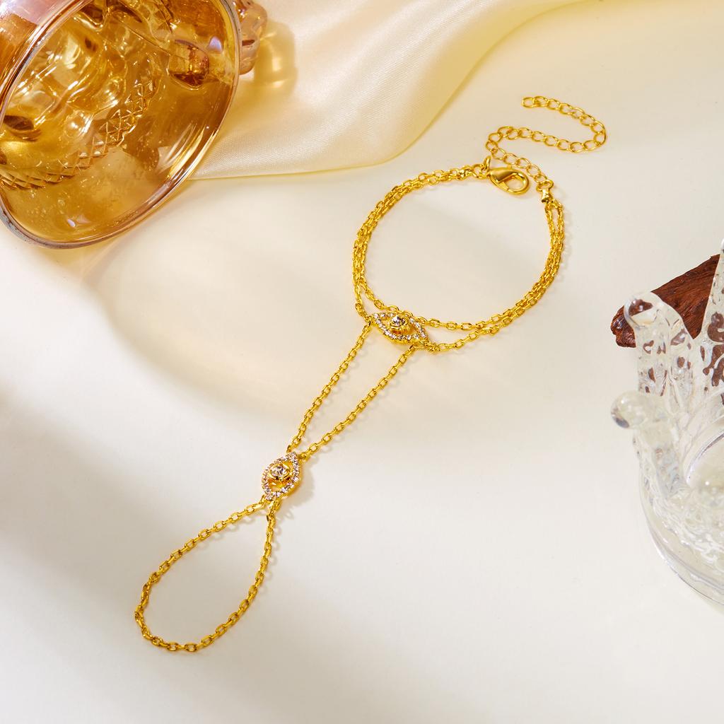 Personalized Vintage Eye Zircon Finger Chain for Women Dainty Copper Pave Link Hand Bracelet Gold Jewelry