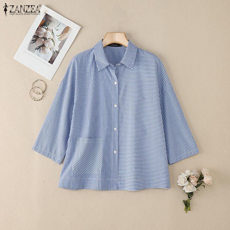 ZANZEA Women Turn Down Collar 3/4 Sleeve Casual Stripe Blouse