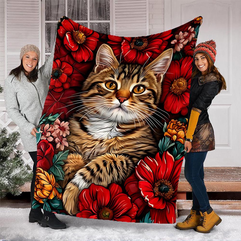 1pc Cat Floral Print Print Outdoor Blanket, Lightweight Polyester,
