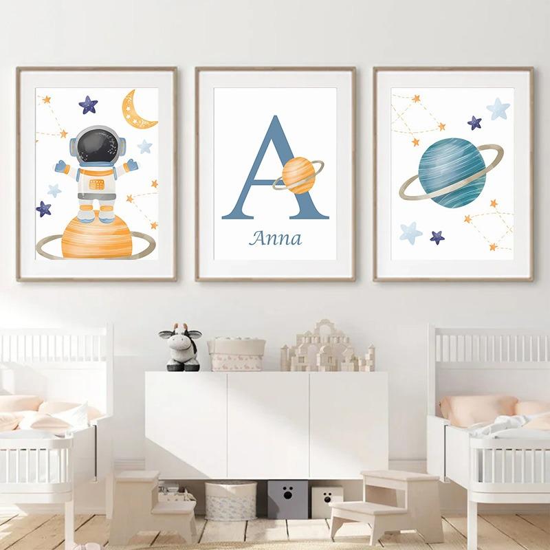 Rocket Astronaut Planet Outer Space Baby Name Custom Wall Art Canvas Painting Nordic Cartoon Prints Posters for Kids Room Decor