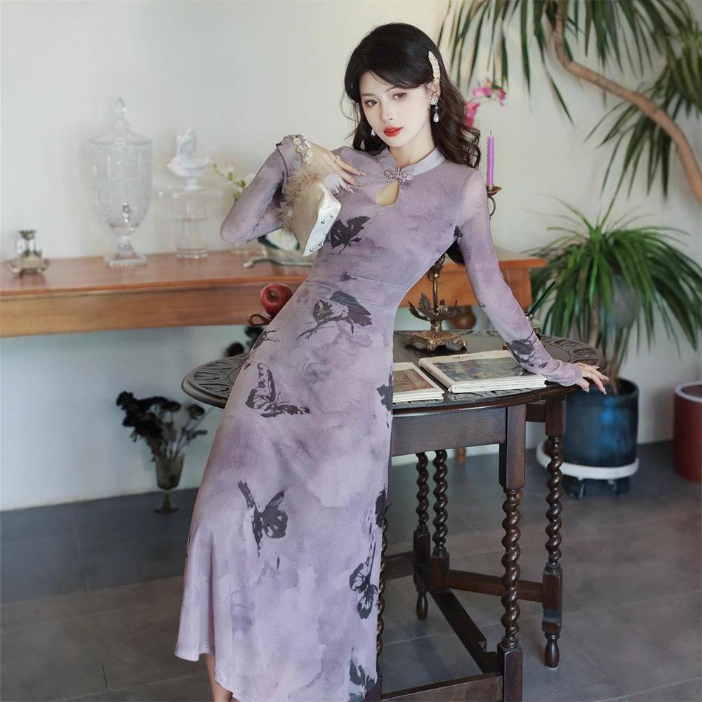 

Purple Autumn Sexy Bodycon Qipao Midi Dress for Women S фиолетовый