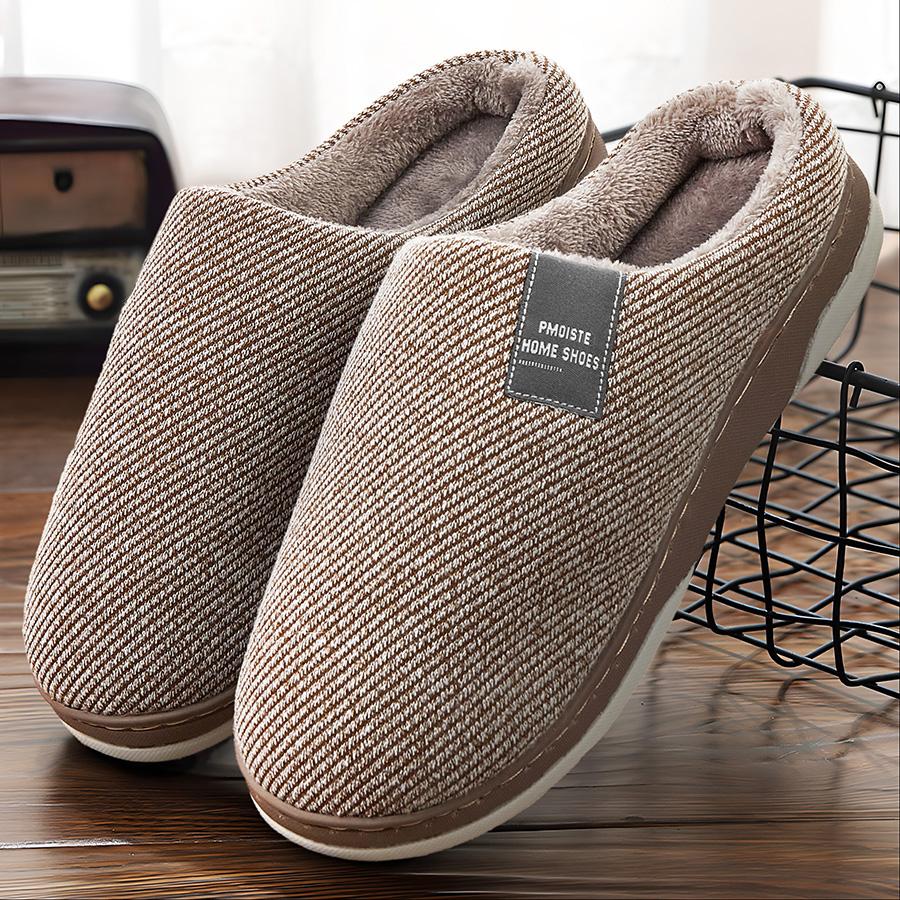 Men's Home Slippers 2024 Winter Warm Fuzzy Lined Male House Shoes Stripe Soft Memory Foam Non-slip Indoor Slipper Man Plus Size