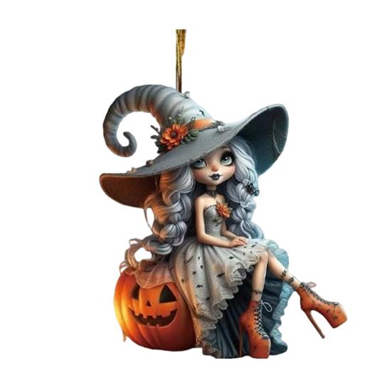 Halloween Witch Pendant Acrylic Car Charm Rearview Mirror Decoration Festive Atmosphere Scene Accessory