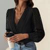 Women Spring Autumn Lace Splice Long Sleeve V Neck Solid Color Romper T Shirt Blouse Top