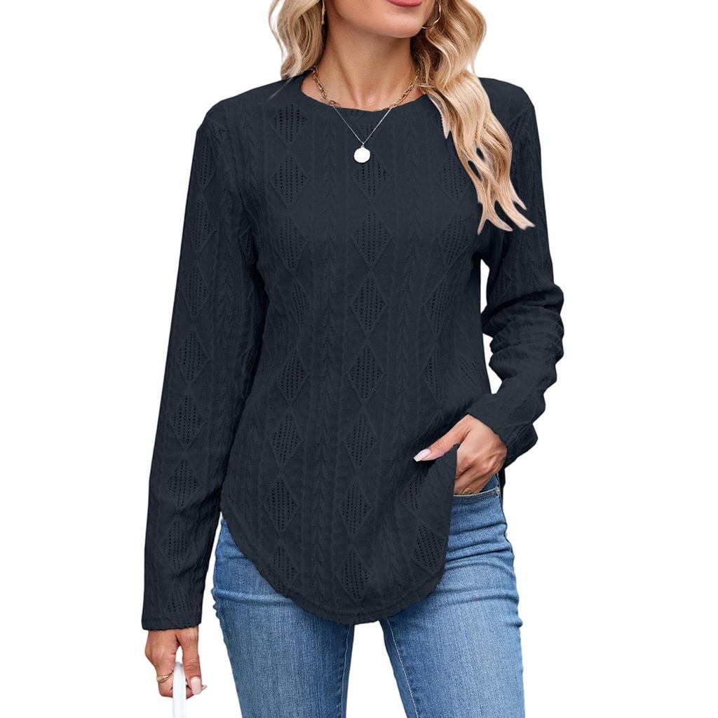 European and American Autumn and Winter Casual Round Neck Long Sleeve Curved Hem T-shirt Button Hollow Top