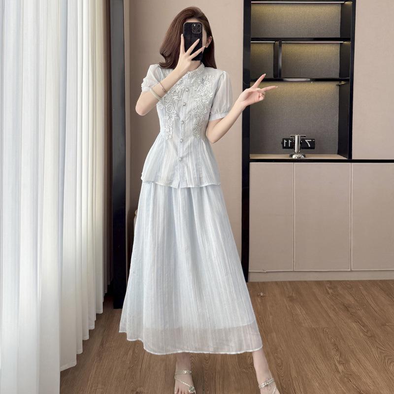 

2026 Chic Light Blue Embroidered Top & High-Waisted Skirt Set Small
