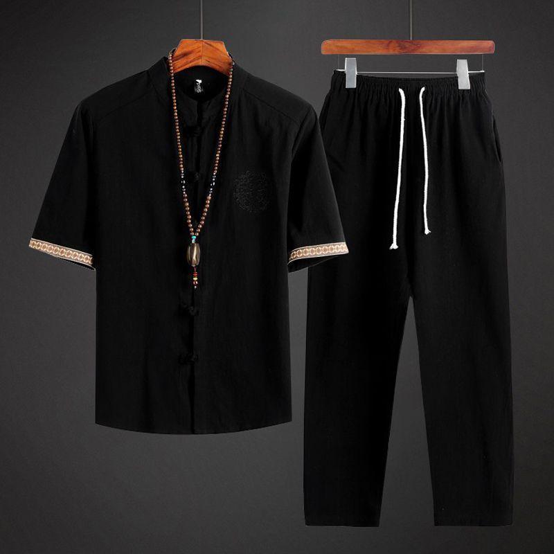 Mens Linen Sets Summer Men Streetwear Jogger Shirts+Long Pants Male Chinese Style 2 Pieces Hanfu Tracksuit Tang Suit 5Xl