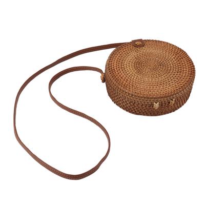 El Dokuması Yuvarlak Rattan Çanta Tropikal Plaj Stili Dokuma Omuz Rattan Çanta Deri Askılı 20cm