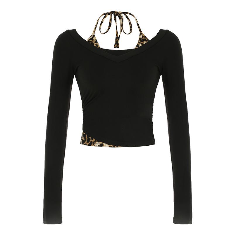 2025 Women s Leopard Print Halter Two-Piece Look V-Neck Slim Fit Long Sleeve Top – Spring/Autumn American Style Large чёрный