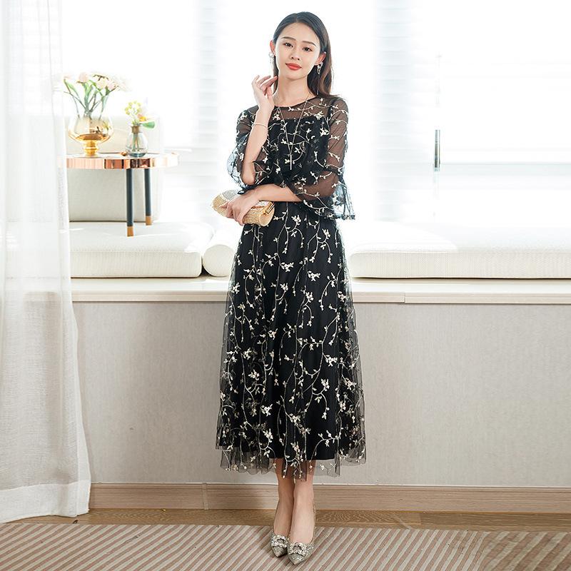 

Evening dress lace floral fashion long sleeves slim and thin host elegant long daily dress XXXL