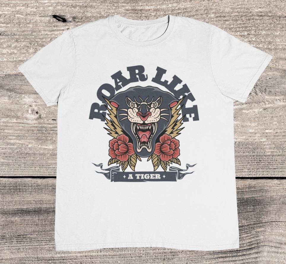 Roaring Tiger Old School Tattoo T shirt - %100 Premium Cotton Unisex T-Shirt XL