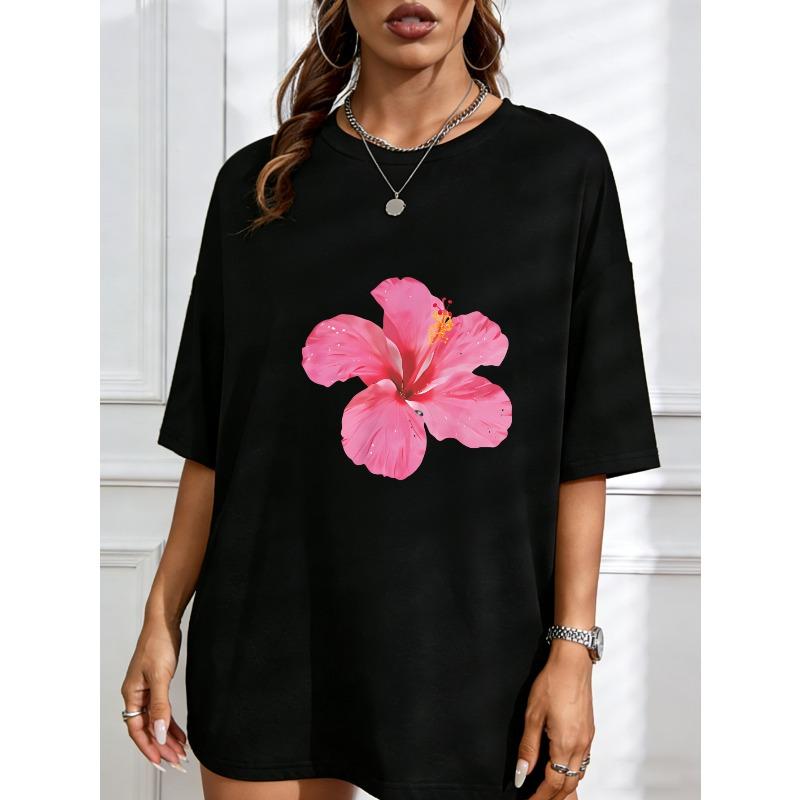 White T Shirt With Pink Hibiscus Flower Print For Casual Summer Wear