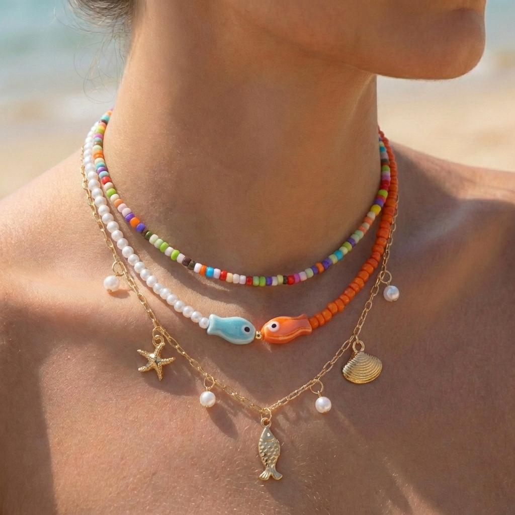 Bohemian Double Layer Seashell Necklaces For Women Handmade White Rice Beads Shell Short Collar Choker Beach Party Neck Zircon