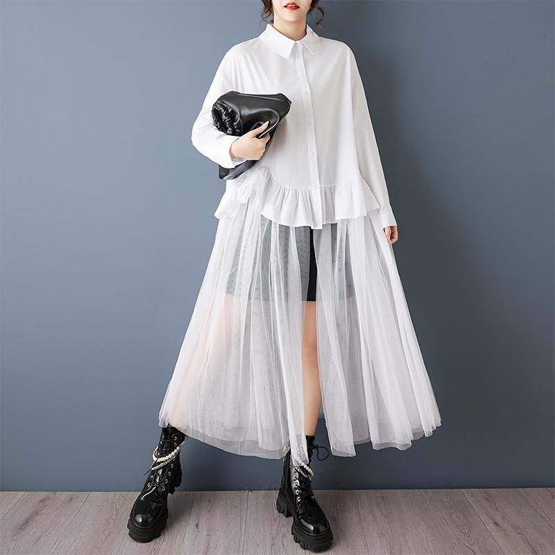DIMANAF Spring Autumn Plus Size Women Blouse Shirt Black Fashion Lady Tops Loose Casual Shirts Dress