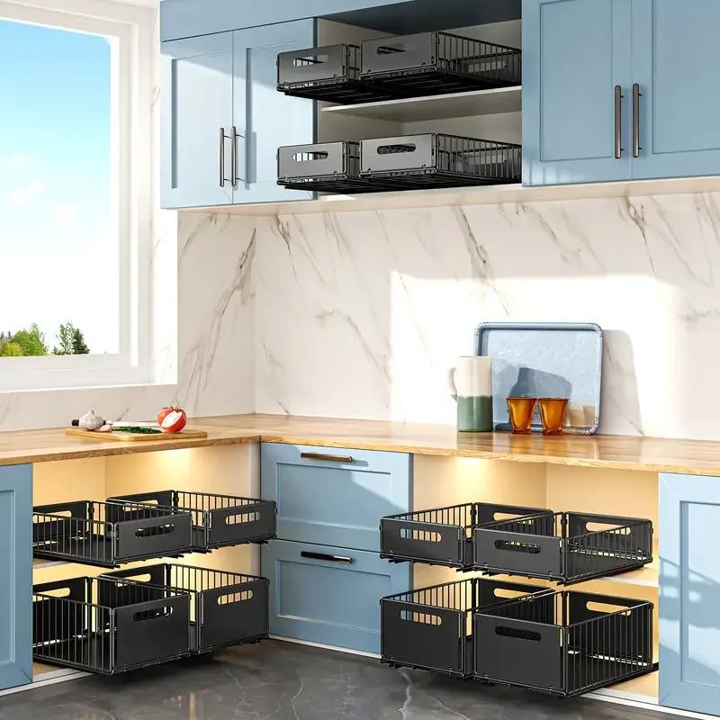 1pc/2pcs Pull-Out Cabinet Organizer Slide-Out Drawers Peel-and-Stick Heavy-Duty Kitchen Cupboard Storage Shelf Organizer