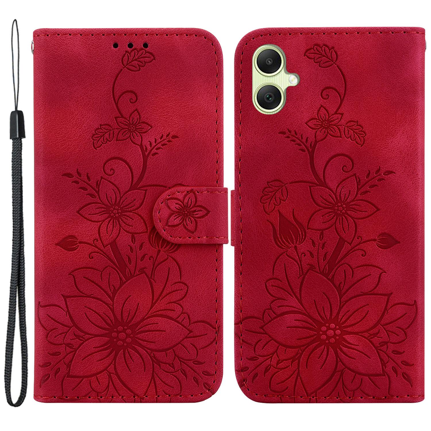 

For Samsung Galaxy A05 4G Case Leather Wallet Lily Flower Imprint Phone Anti-drop Cover Red