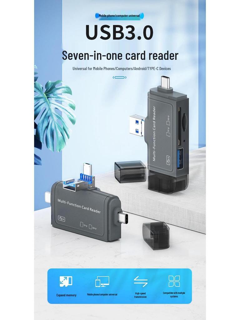 Universal 7-in-1 Multi-Function Card Reader for SD/TF - Compatible with Mobile Phones, Tablets, Apple, and Android Devices