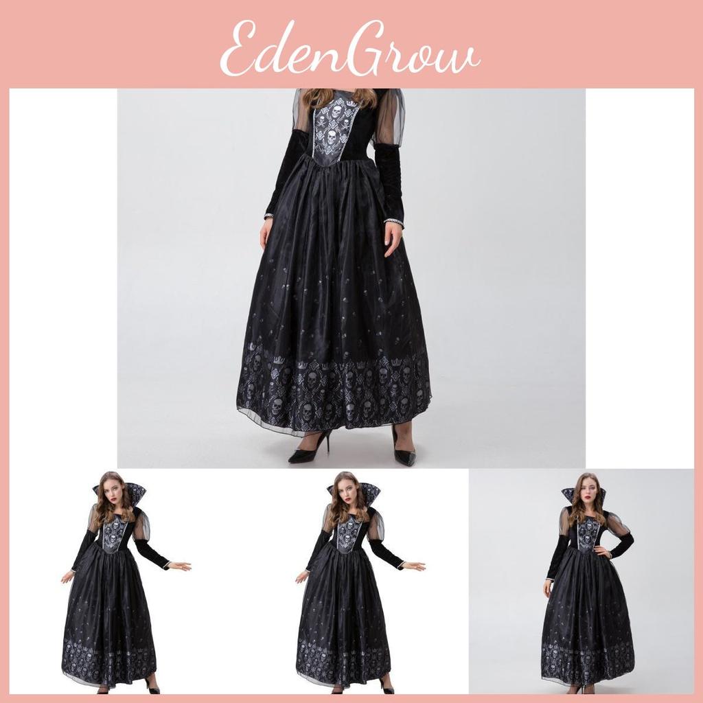 Fantasia Elegante de Halloween para Mulheres com Design de Bruxa Vampira com Estampa de Caveira